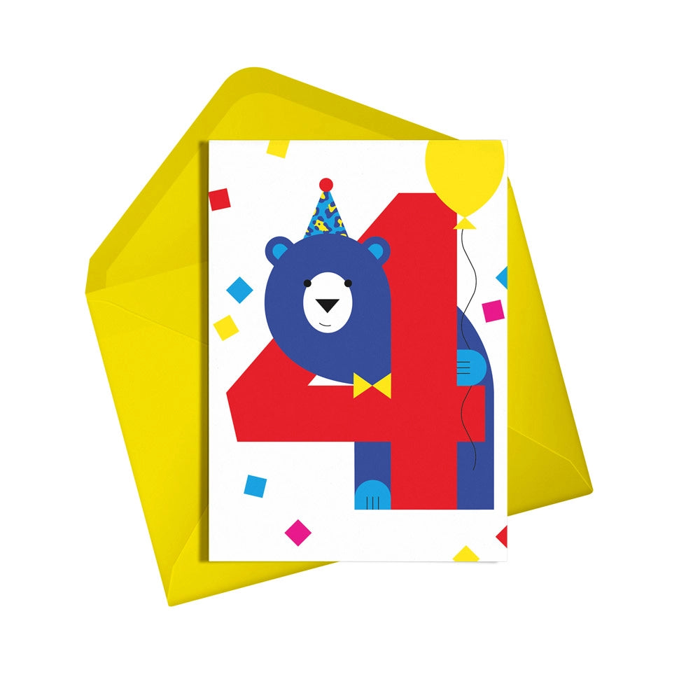 A birthday card with a yellow envelope, featuring a blue bear in a party hat holding a balloon, and the number 4.
