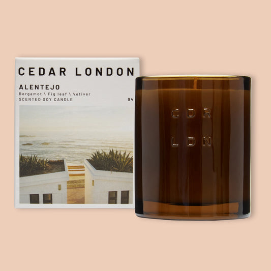 Cedar London Alentejo candle and packaging on a beige background