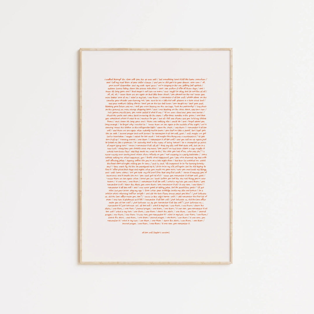 Handwritten lyrics to Taylor Swift's song 'All Too Well', printed in orange ink on a white background.