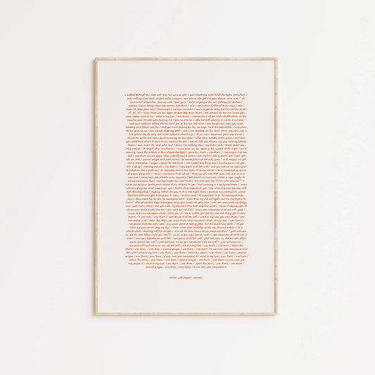 Handwritten lyrics to Taylor Swift's song 'All Too Well', printed in orange ink on a white background.