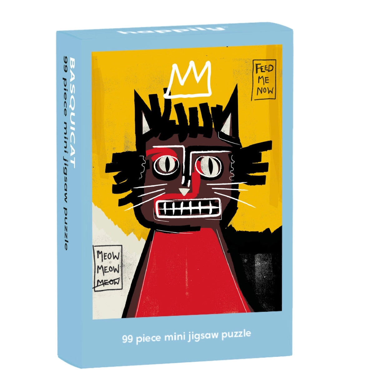 Puzzle box with a cat illustration in the style of Jean-Michel Basquiat Nia Gould. Box is on a white background.