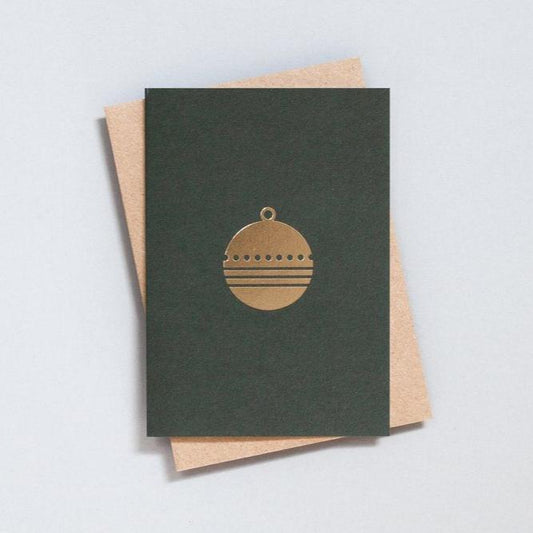 Brass foil blocked bauble printed onto quality 300 gsm forest green card, with kraft paper envelope.