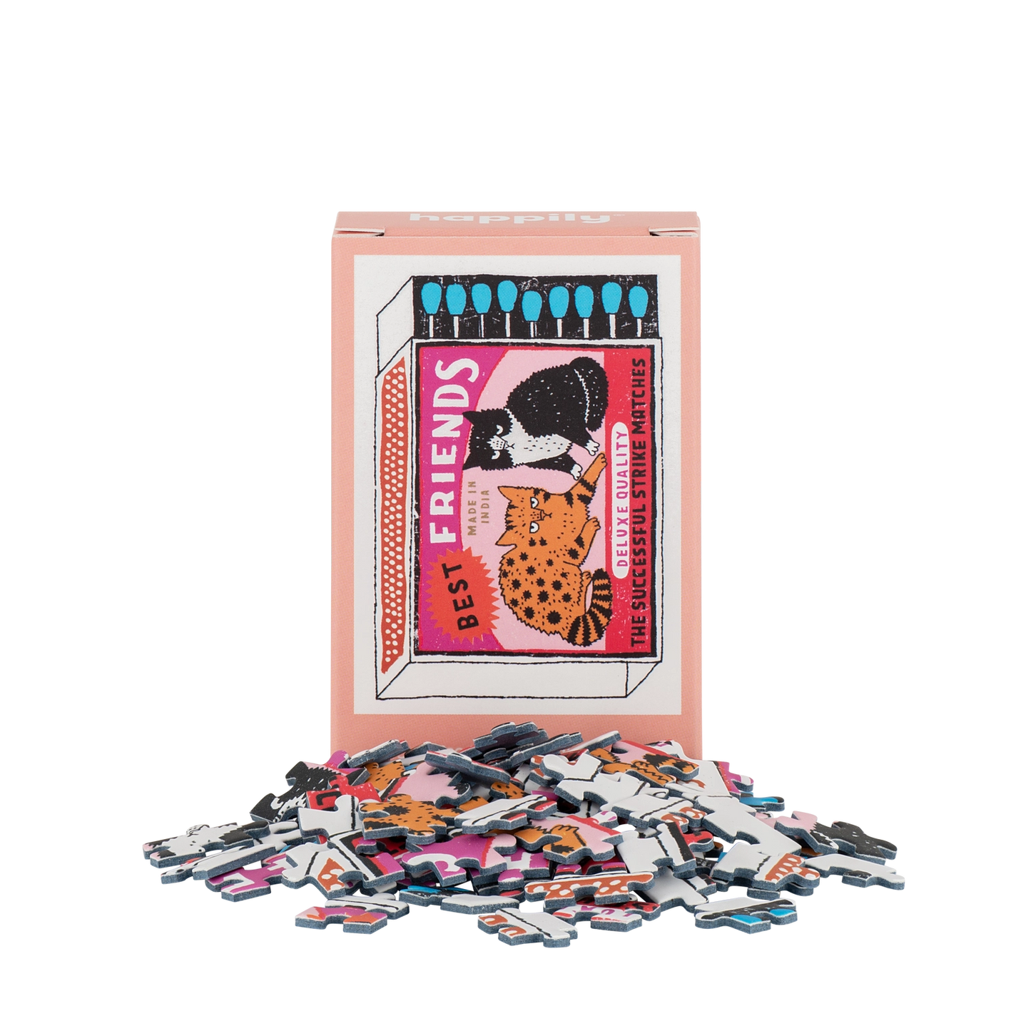 Puzzle with pieces and packaging featuring cartoon cats and text on a white background