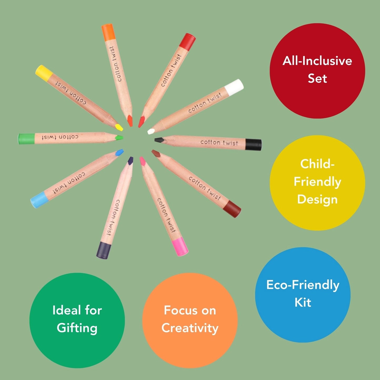 Set of colorful cotton twist pencils arranged in a circle on a green background with text highlighting features.