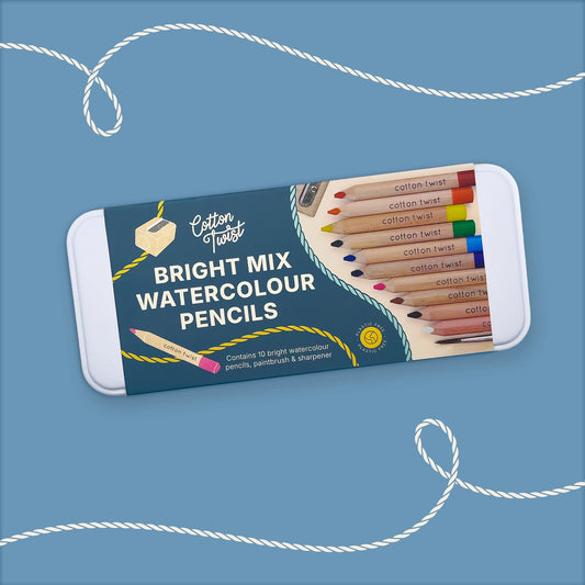 Pack of Cotton Twist bright mix watercolour pencils on a blue background