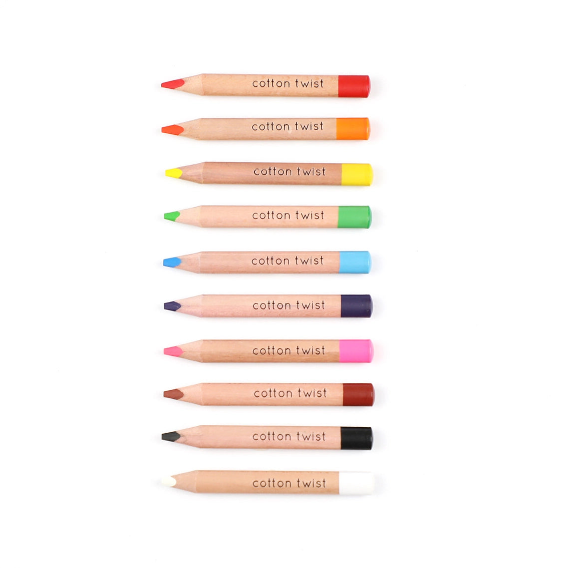 Set of cotton twist colored pencils on a white background