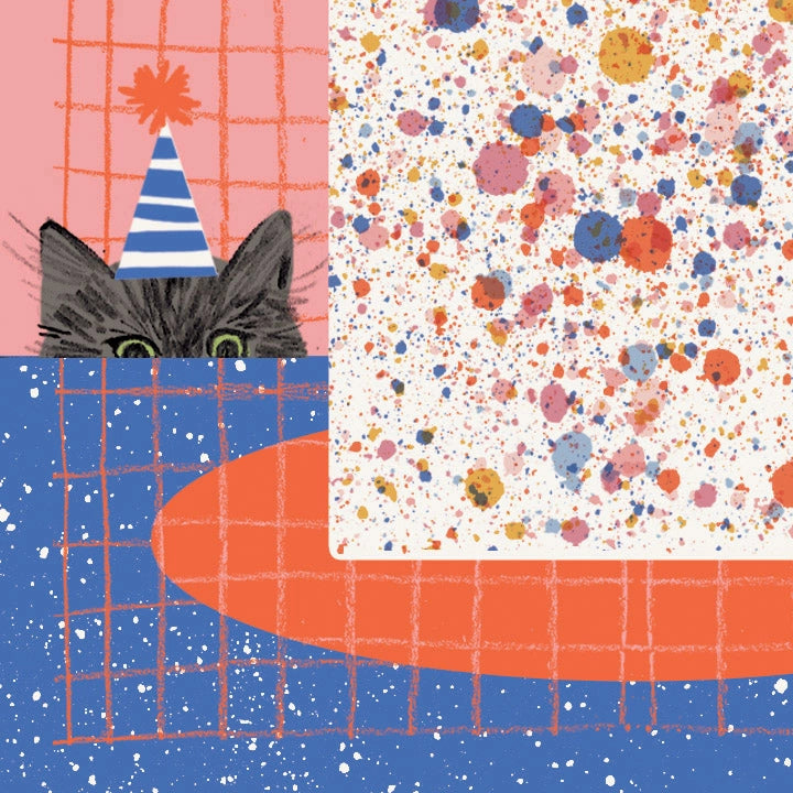 Illustration of a cat wearing a party hat with a colorful abstract pattern on a blue background.