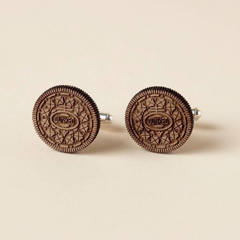Oreo inspired American cookie stud earrings, lasercut wood with silver plated findings.