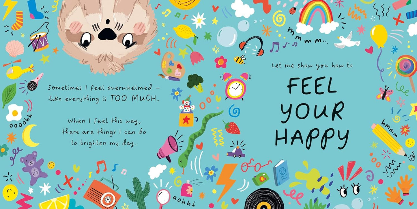 Double page spread with blue background, featuring lots of illustrated joyful icons, and the large text 'Feel Your Happy'.