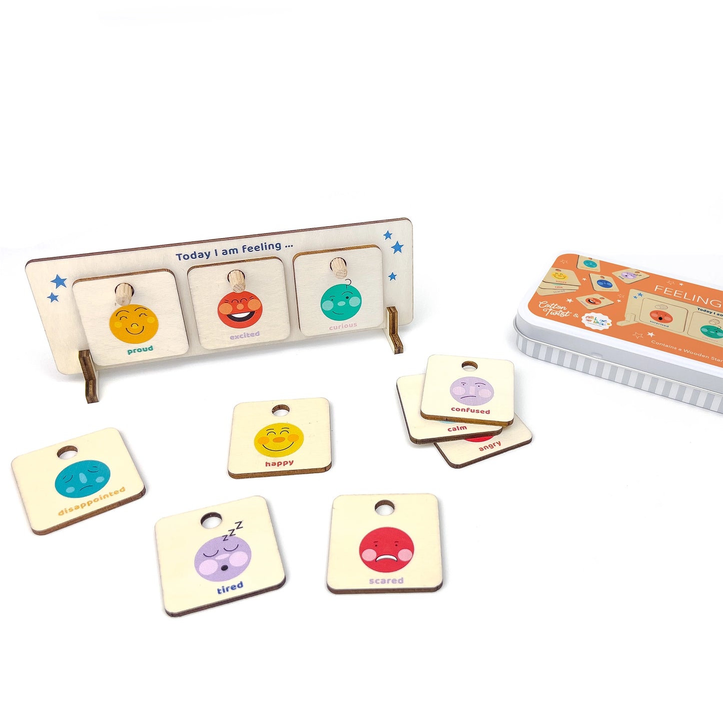 Set of emotion cards with colorful faces and text on a white background