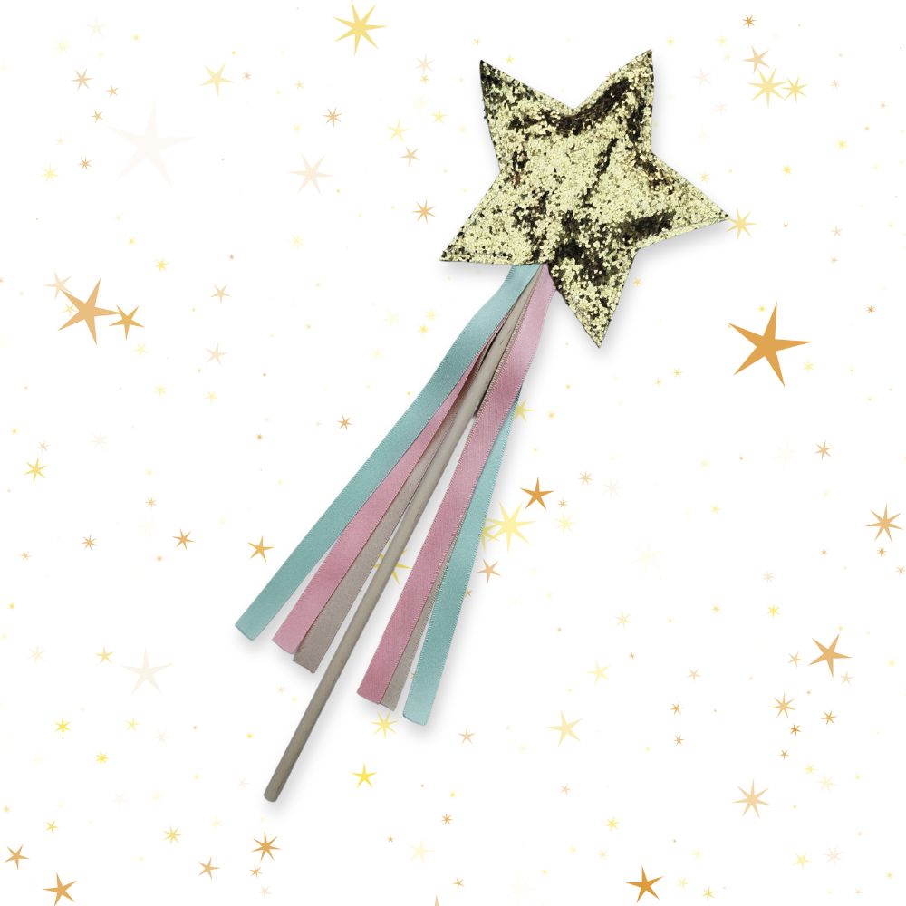Gold glitter felt wand with a wooden handle.