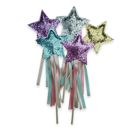 Range of glitter felt star wands with woodne handles and silk ribbon.