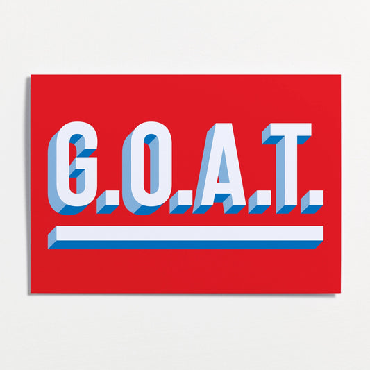 G.O.A.T. text on a red background