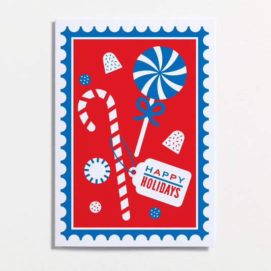 Festive card with candy cane, lollipop, and 'Happy Holidays' text on a red background