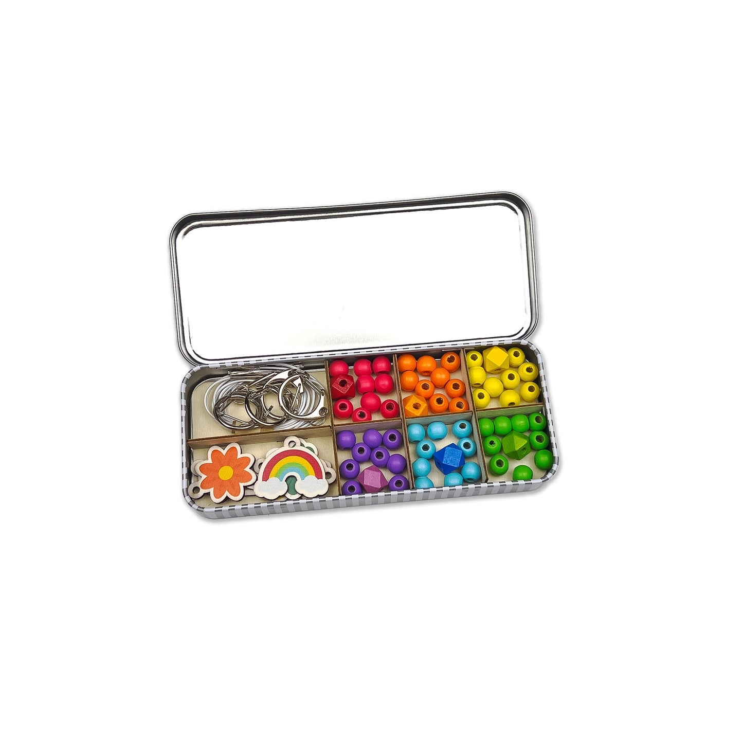 Colorful keychain kit with various charms in a metal case on a white background