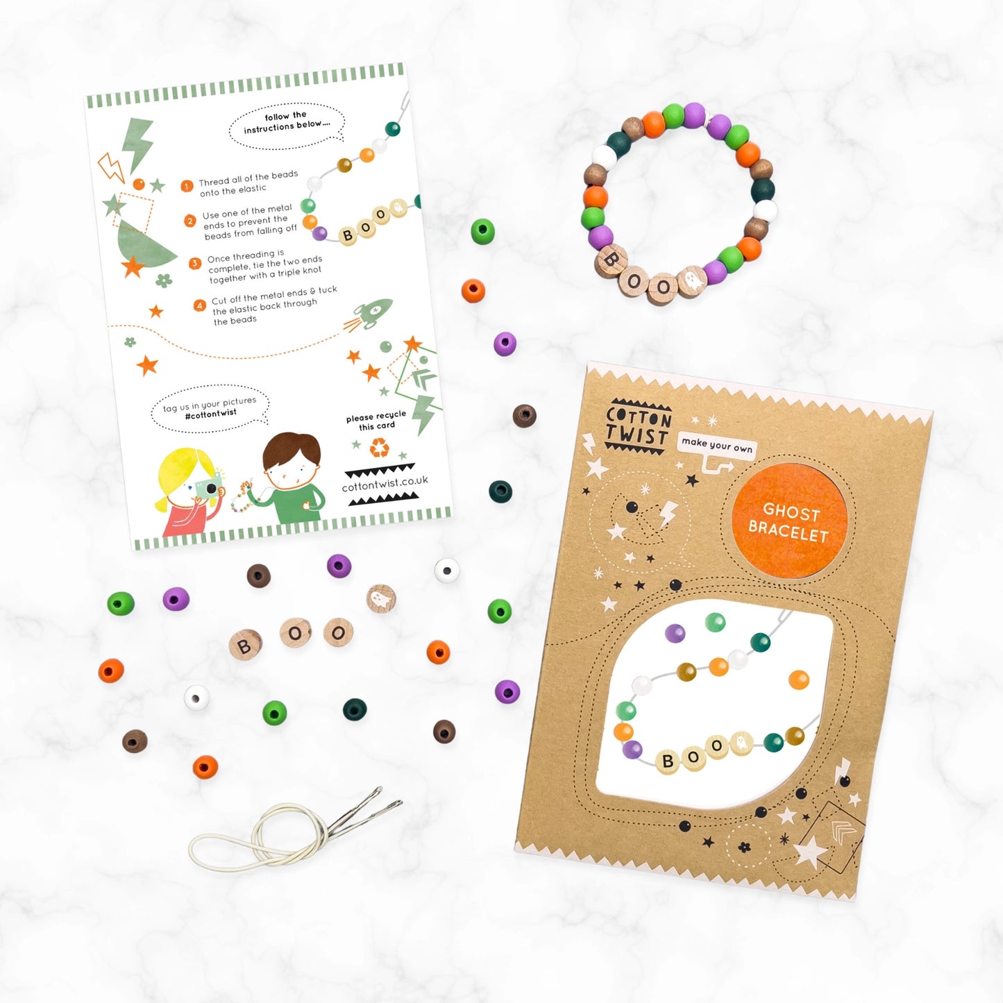 Colorful beaded bracelet kit with instructions and packaging on a white background