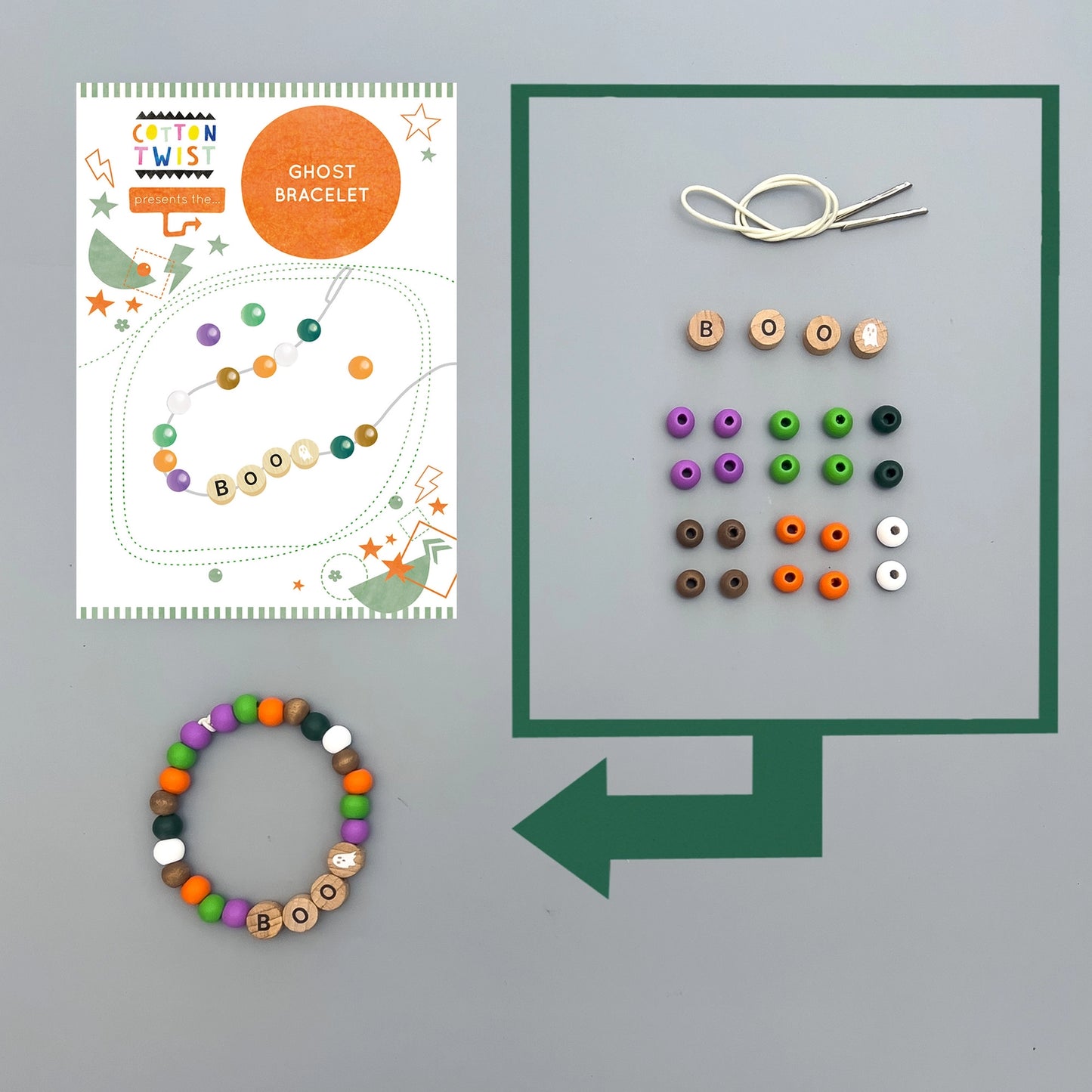 Colorful bracelet with letter beads, instruction sheet, and materials on a gray background