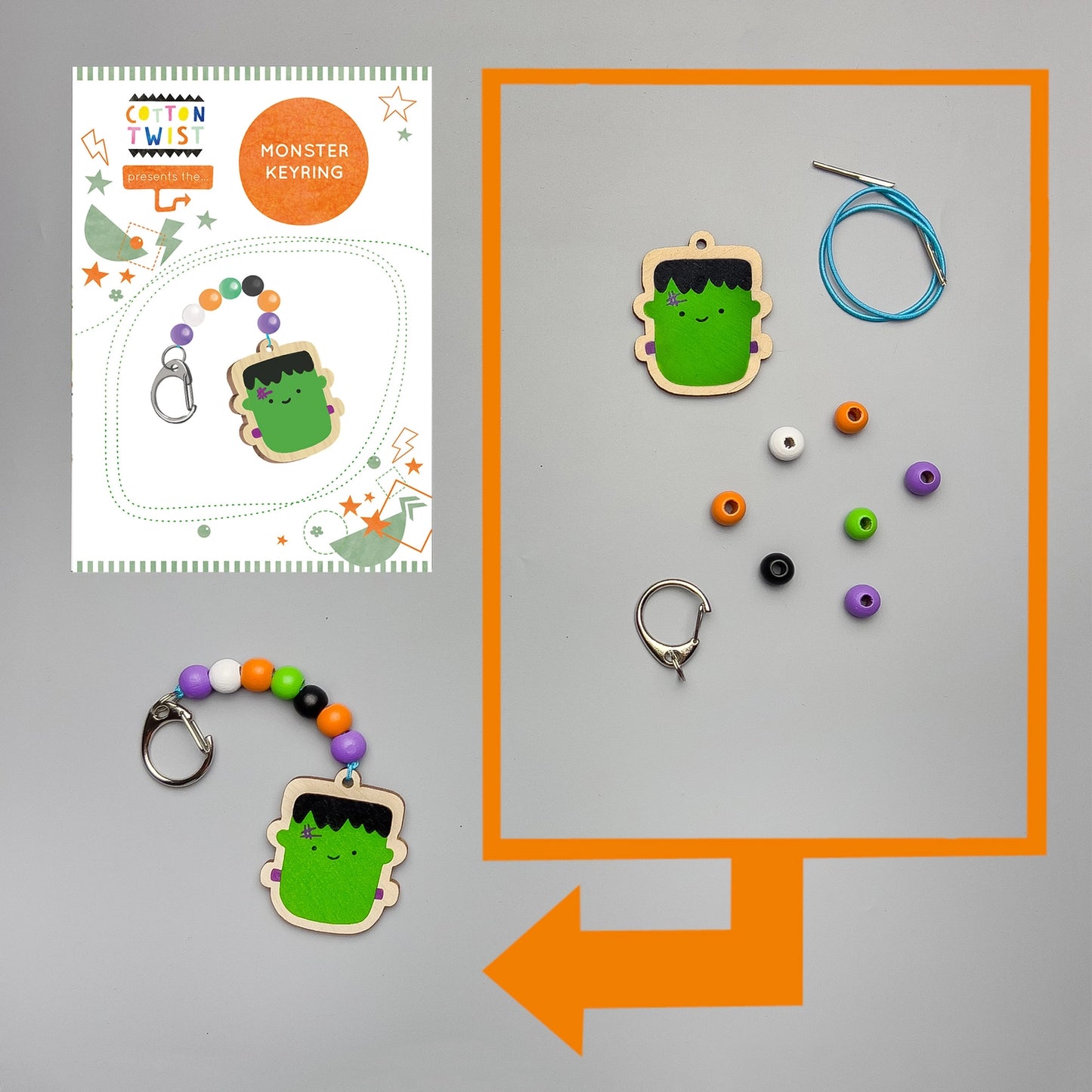 Monster keyring kit with green monster design, colorful beads, and assembly instructions on a gray background.