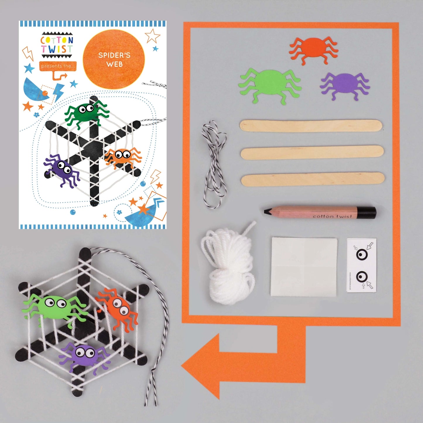 Spider's web craft kit with materials and instructions on a gray background