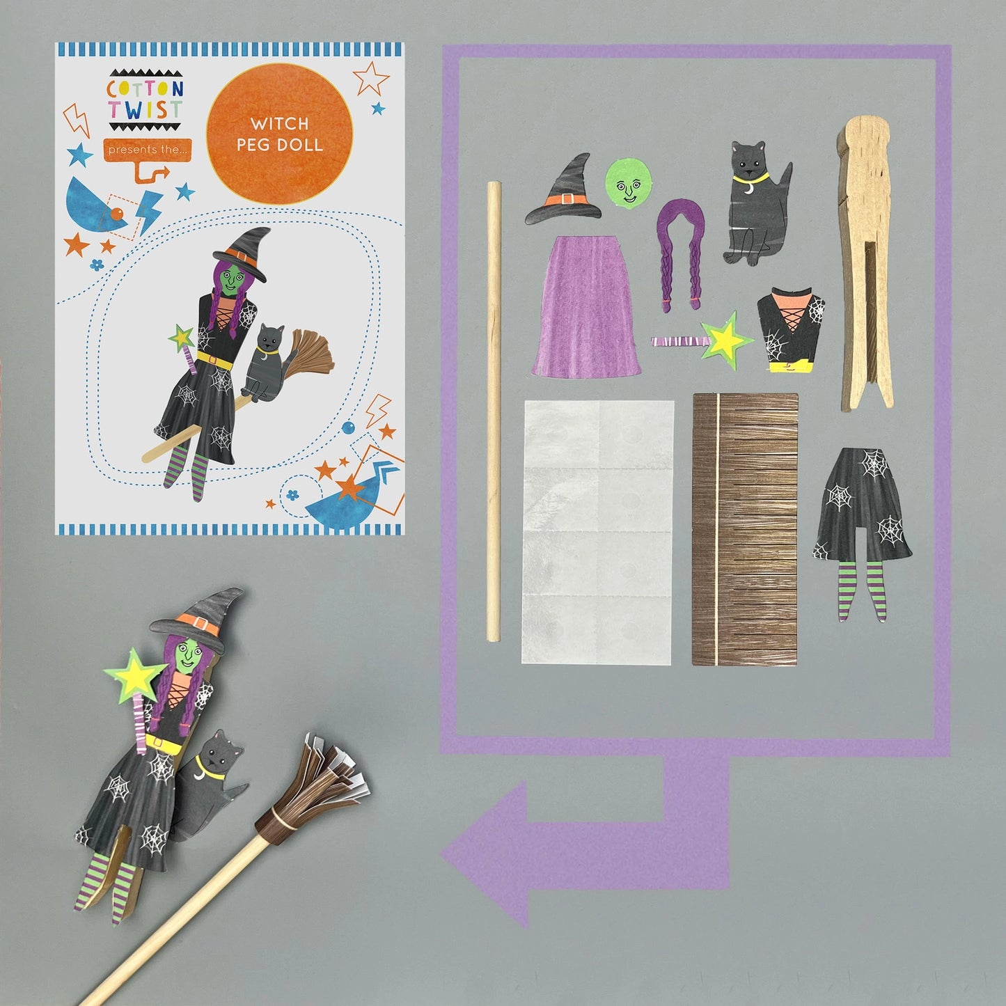 Witch peg doll kit with customizable elements on a gray background