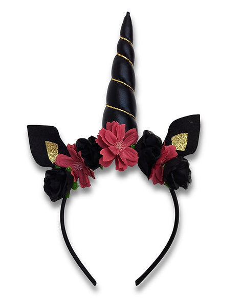 Black horned headband with flowers on a white background