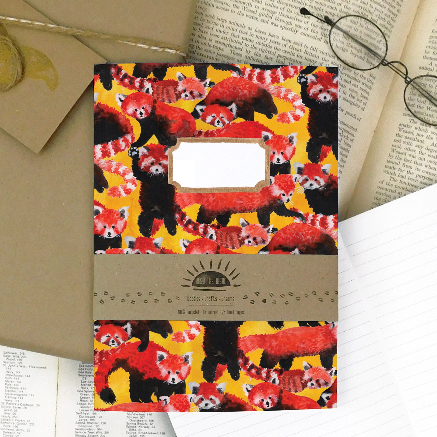 Pecyn o Pandas Coch Print A5 Journal - Lined