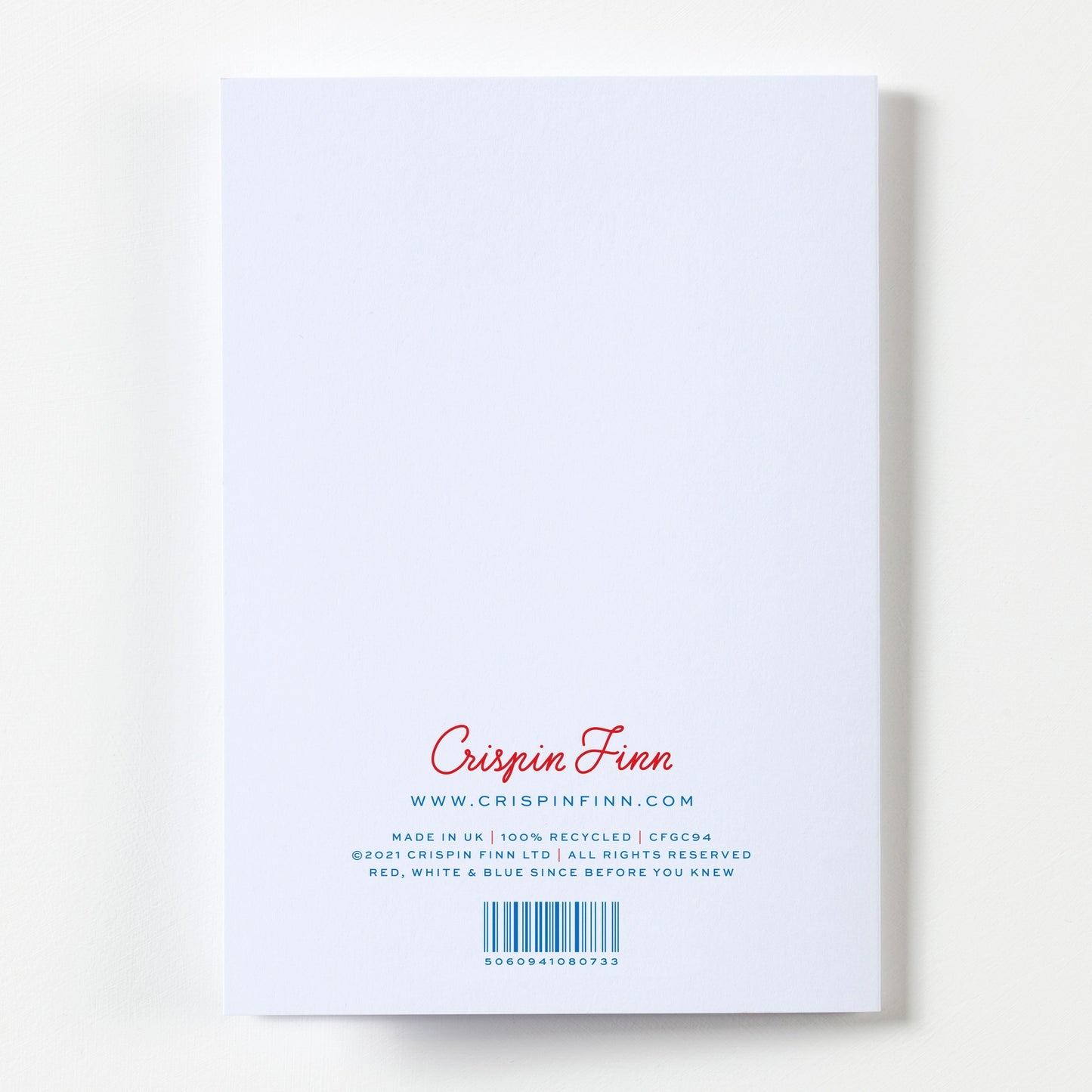 Reverse of a Crispin Finn greeting card with branding and website information on a white background