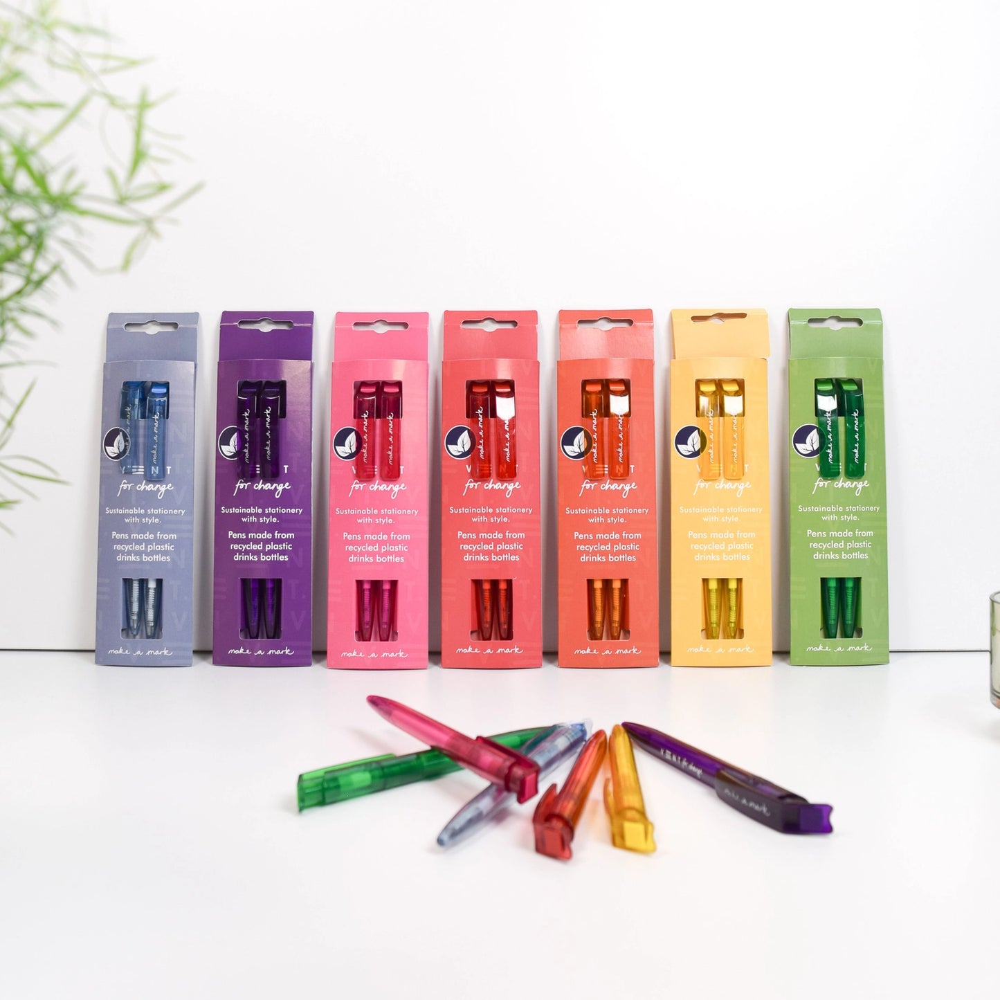 A collection of multi-coloured recycled plastic pens set.