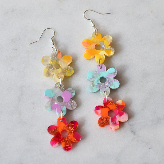 Triple Flower Power Dangle Earrings - Recycled Acrylic