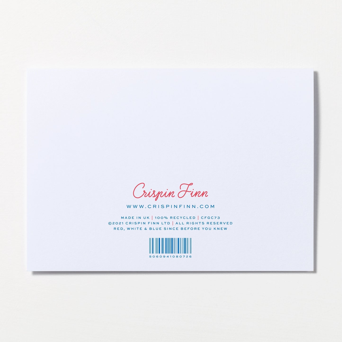 Back of greeting card with 'Crispin Finn' branding and website URL.