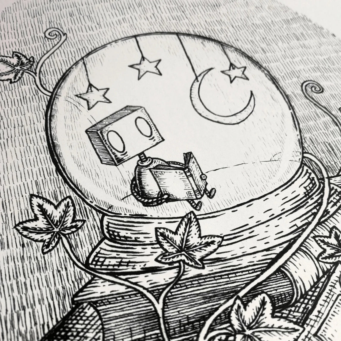 Closeup of illustrated robot reading in a glass globe.