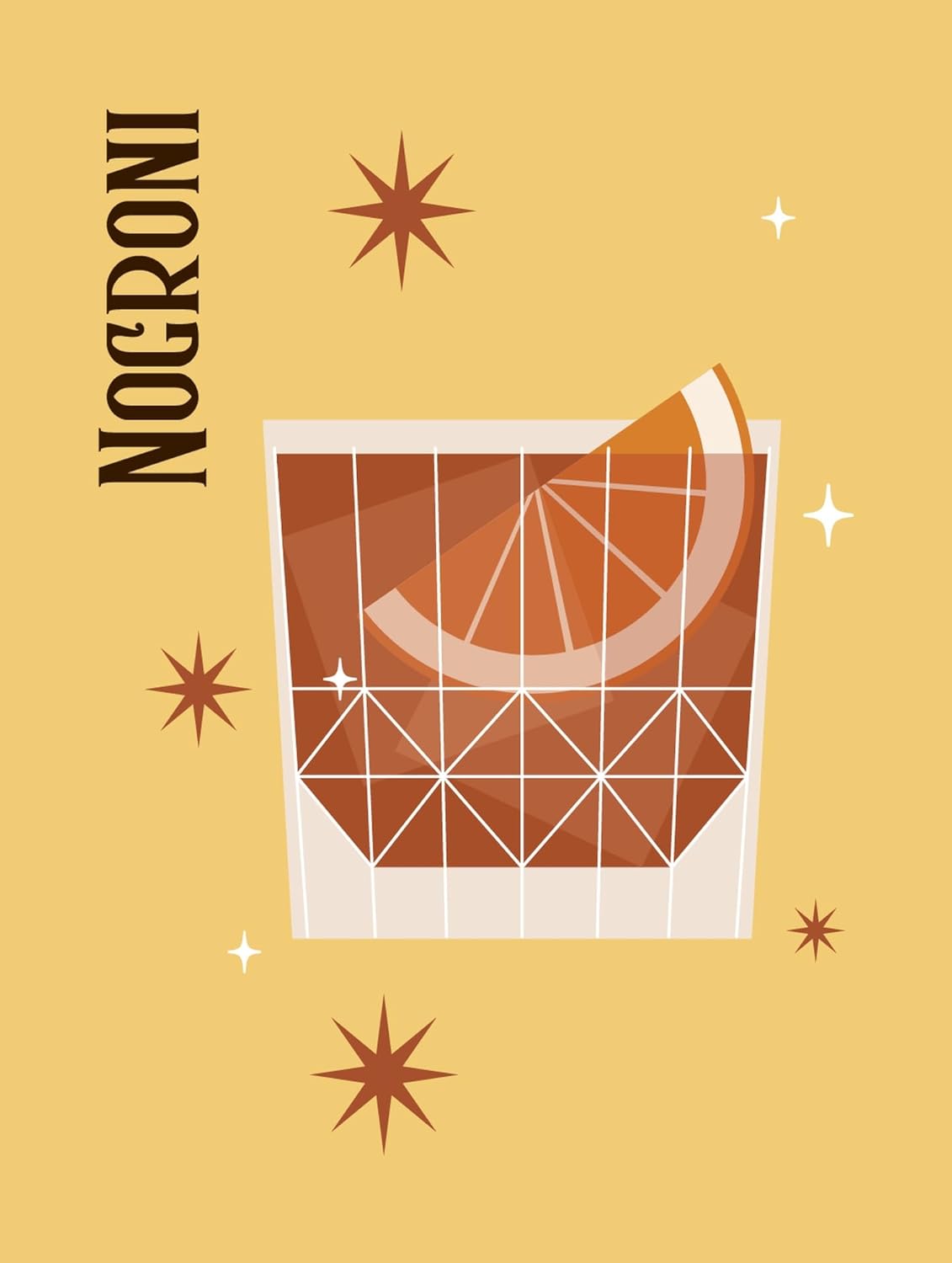 Cocktail glass with an orange slice and 'Nogroni' text on a yellow background