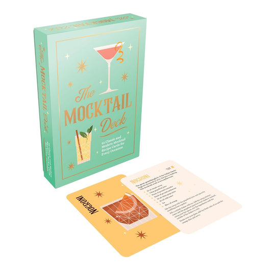 Turquoise 'The Mocktail Deck Box' with midcentury inspired illustrations, next to a Nogroni recipe card.