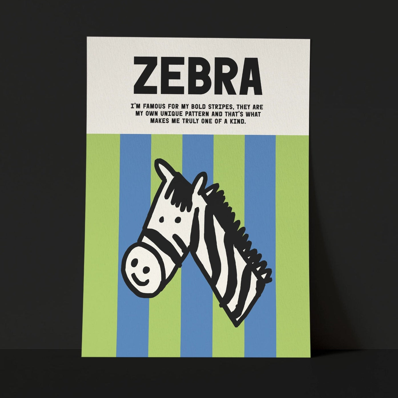 Art print of an illustrated zebra with striped blue and green pattern, on a black background.