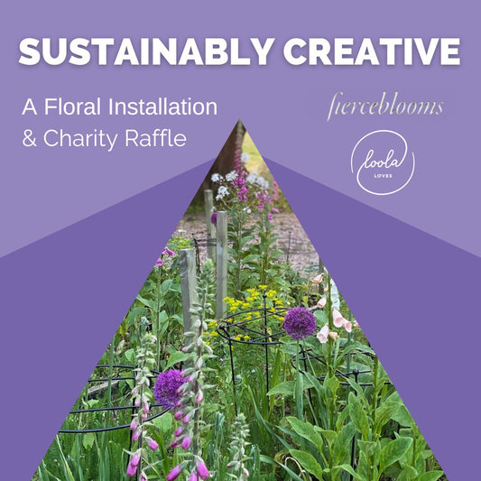 Purple square with title Sustainably Creative A Floral INstallation and Charity Raffle, with a triangle sdisplaying image of a beautiful cutting gardenn with allium and greenery