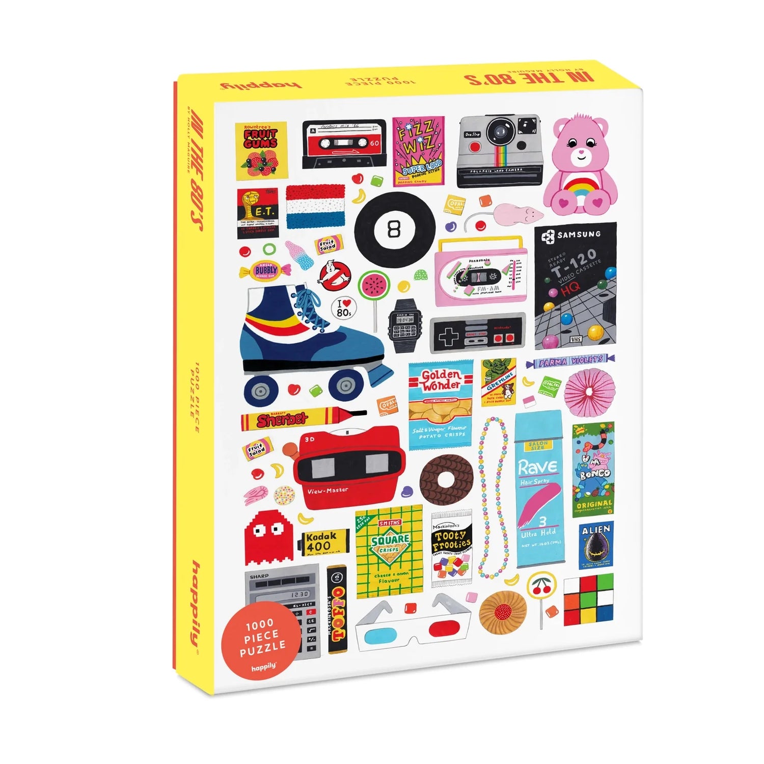 Jigsaw puzzle box with an illustrated deisgn, showing 80's classic retro toys and memorabilia
