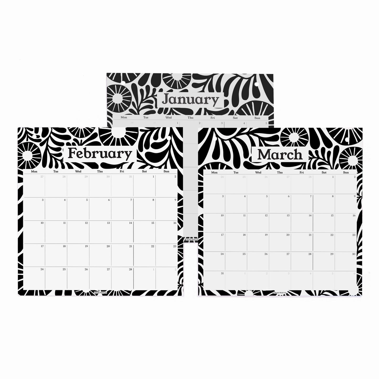 Three black and white patterned calendar pages for January, February, and March on a white background.