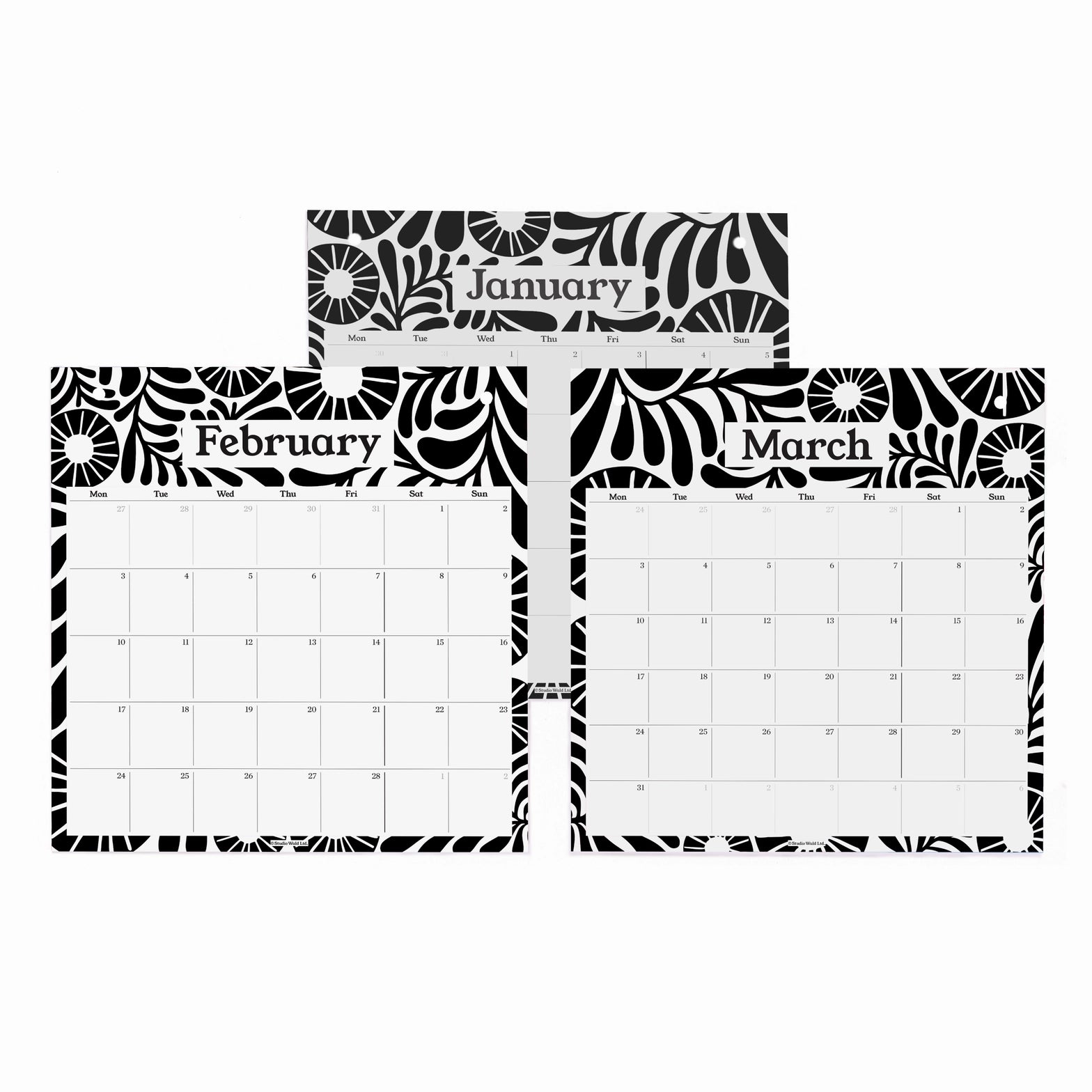 Three black and white patterned calendar pages for January, February, and March on a white background.