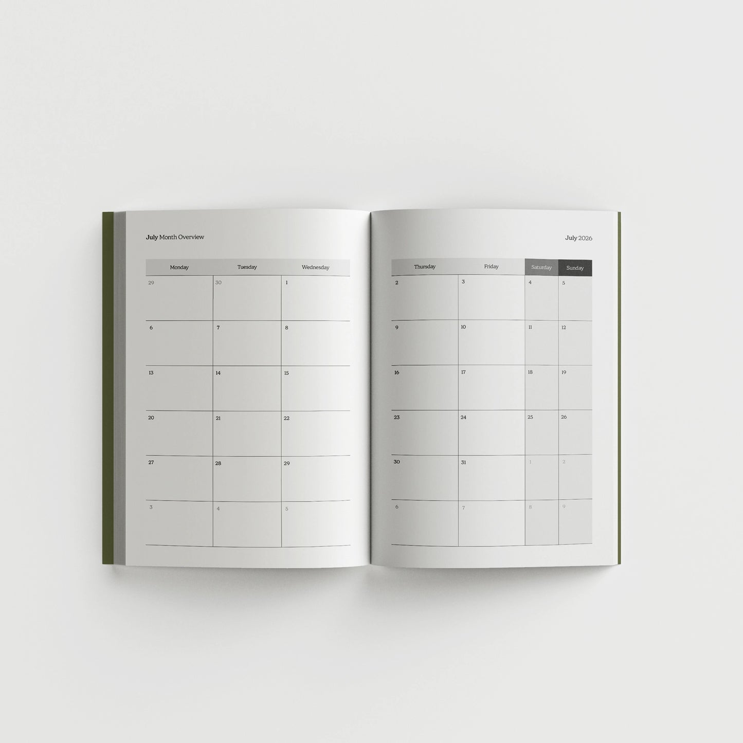 2026 diary opened on a month overview spread.