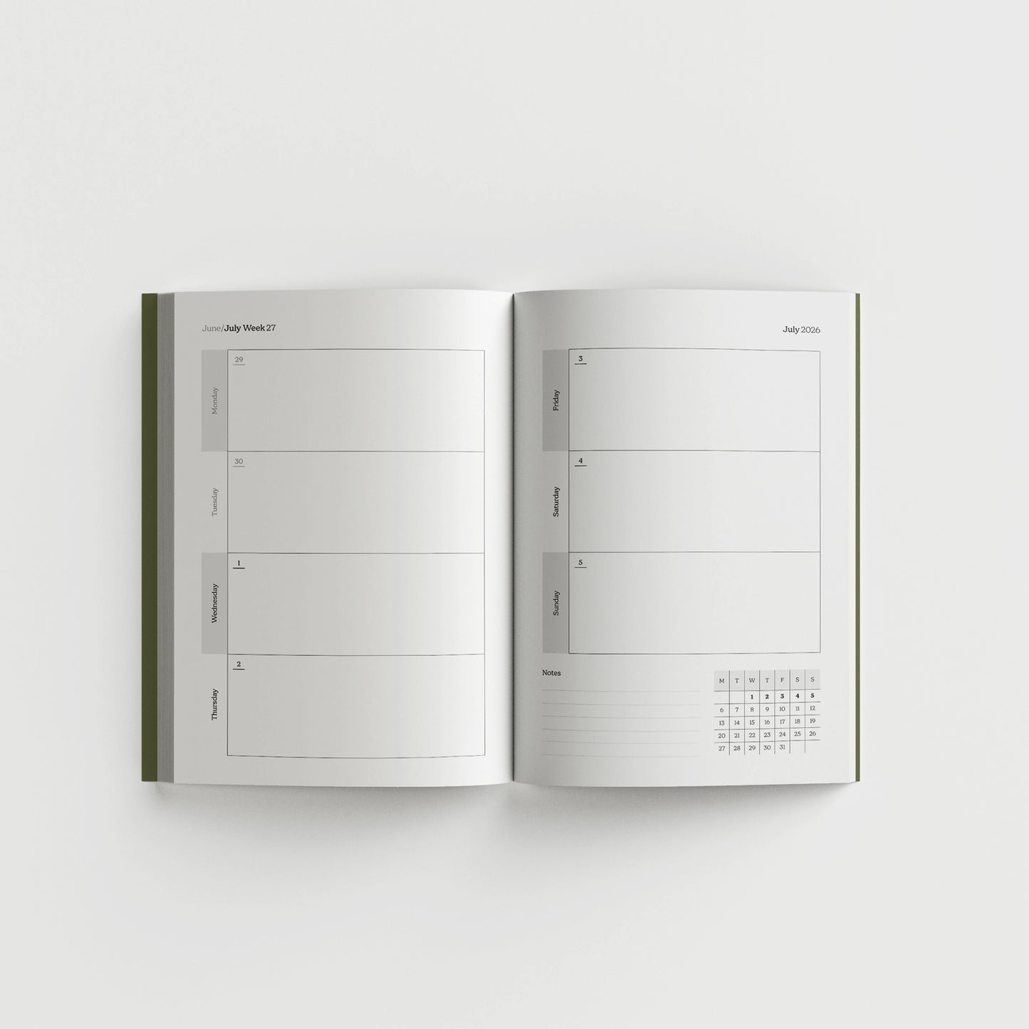 2026 planner opened on a week-to-view spread.