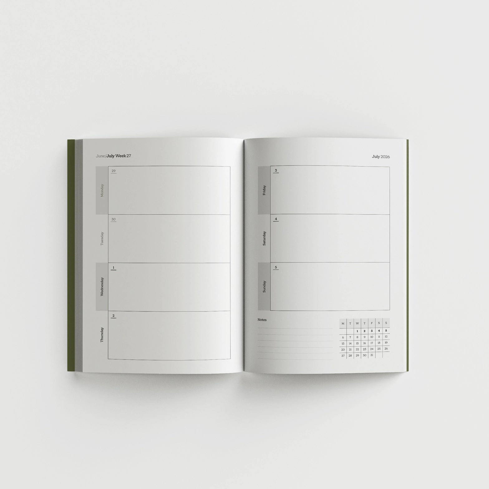 2026 planner opened on a week-to-view spread.