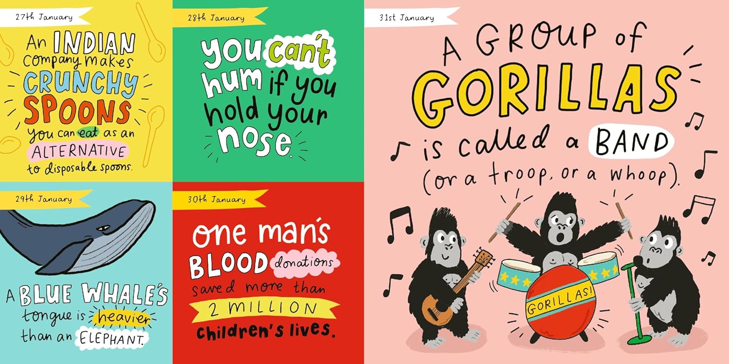 Colourful double spread of fun illustrations and short stories for the end of January.