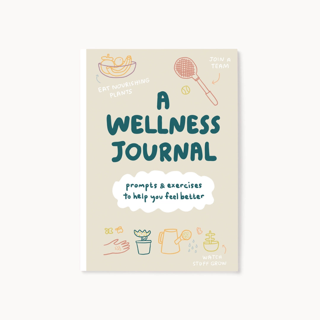 A Wellness Journal front cover on white background. Cover has illustrations promoting nourishment, personal growth & teamwork.