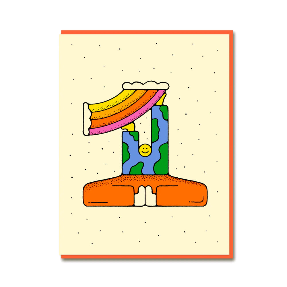 First birthday card wit ha smiley character holding up a rainbow. Beige card with orange envelope.