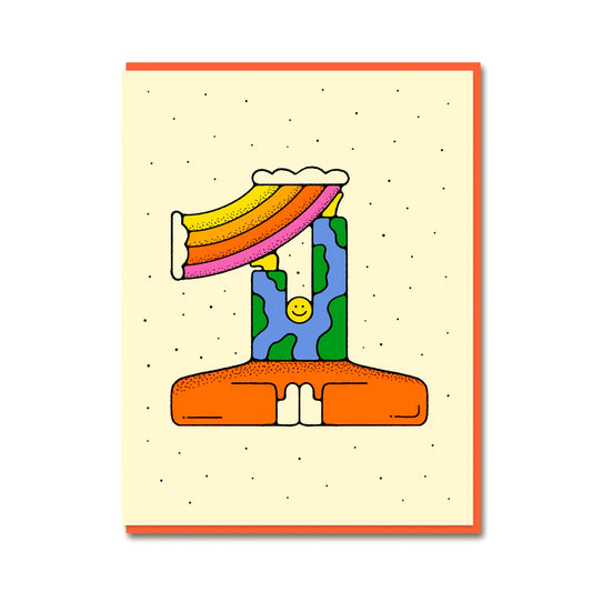 First birthday card wit ha smiley character holding up a rainbow. Beige card with orange envelope.