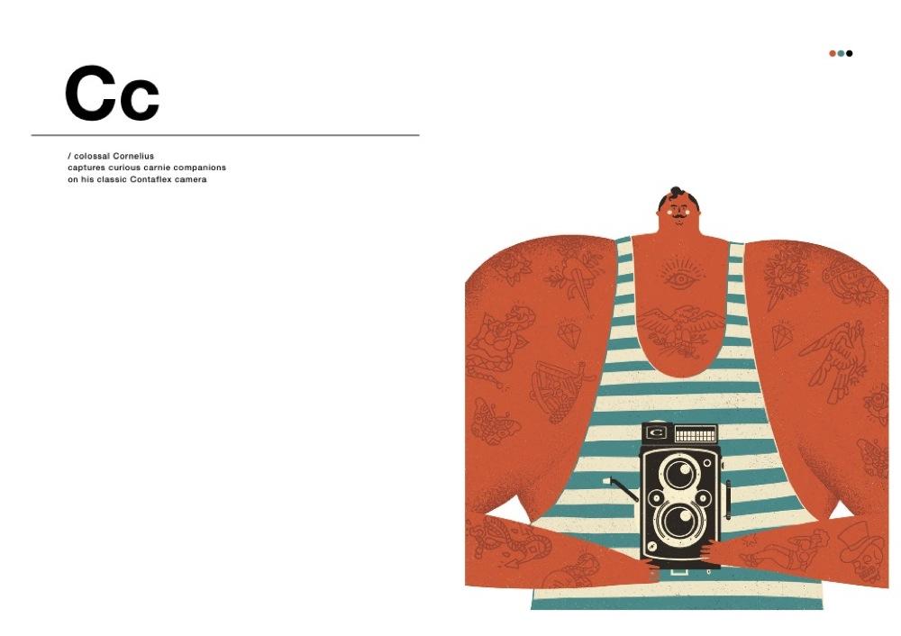 Double page spread for the letter 'C' featuring the strong man, Colossus Cornelius.