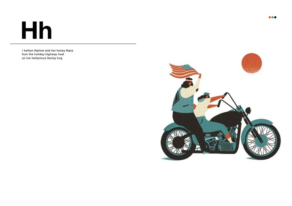 Double page spread featuring letter H, with two american motorcyclists.