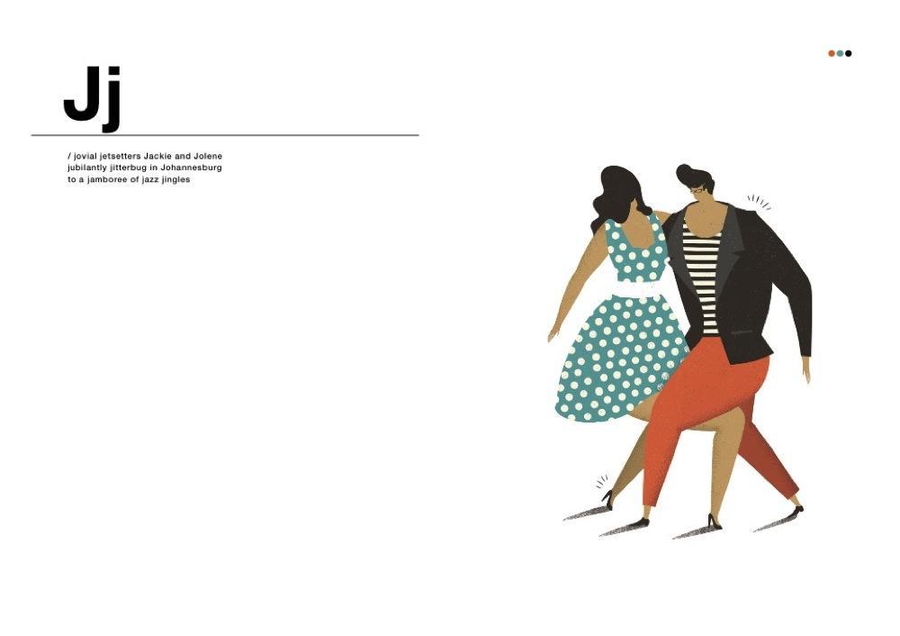 Double poage spread for the letter 'J' featuring jazz dancers.