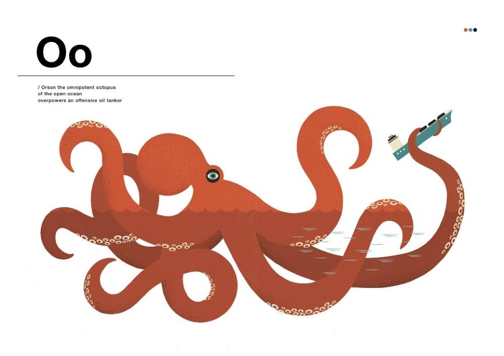 Double page spread for the letter 'O' featuring a giant octopus.