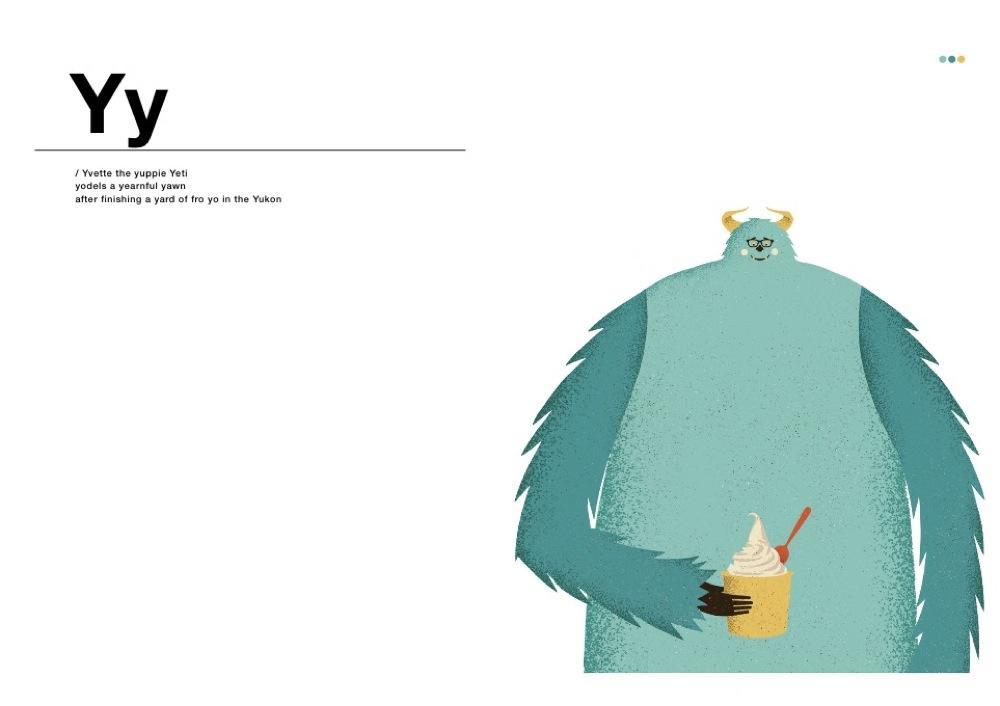 Double page spread for the letter 'Y', featuring a big friendly blue yeti.